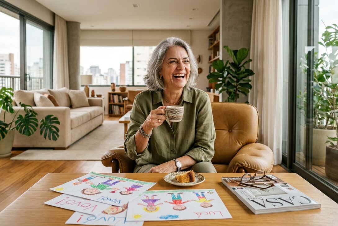 Uma mulher idosa de cabelos grisalhos curtos expressa uma risada alegre enquanto está sentada em uma poltrona de couro caramelo em sua sala de estar. Ela veste uma camisa verde-oliva e segura uma xícara de cerâmica com café. Em primeiro plano, sobre uma mesa de centro de madeira, encontram-se três desenhos infantis coloridos com giz de cera (onde se lê "Vovó!" e "Luca"), um pires com um pedaço de bolo, um par de óculos e uma revista de arquitetura intitulada "CASA". O apartamento ao fundo é moderno, amplo e iluminado por grandes portas de vidro de correr, decorado com um sofá bege e grandes plantas ornamentais como uma figueira-lira e uma costela-de-adão.