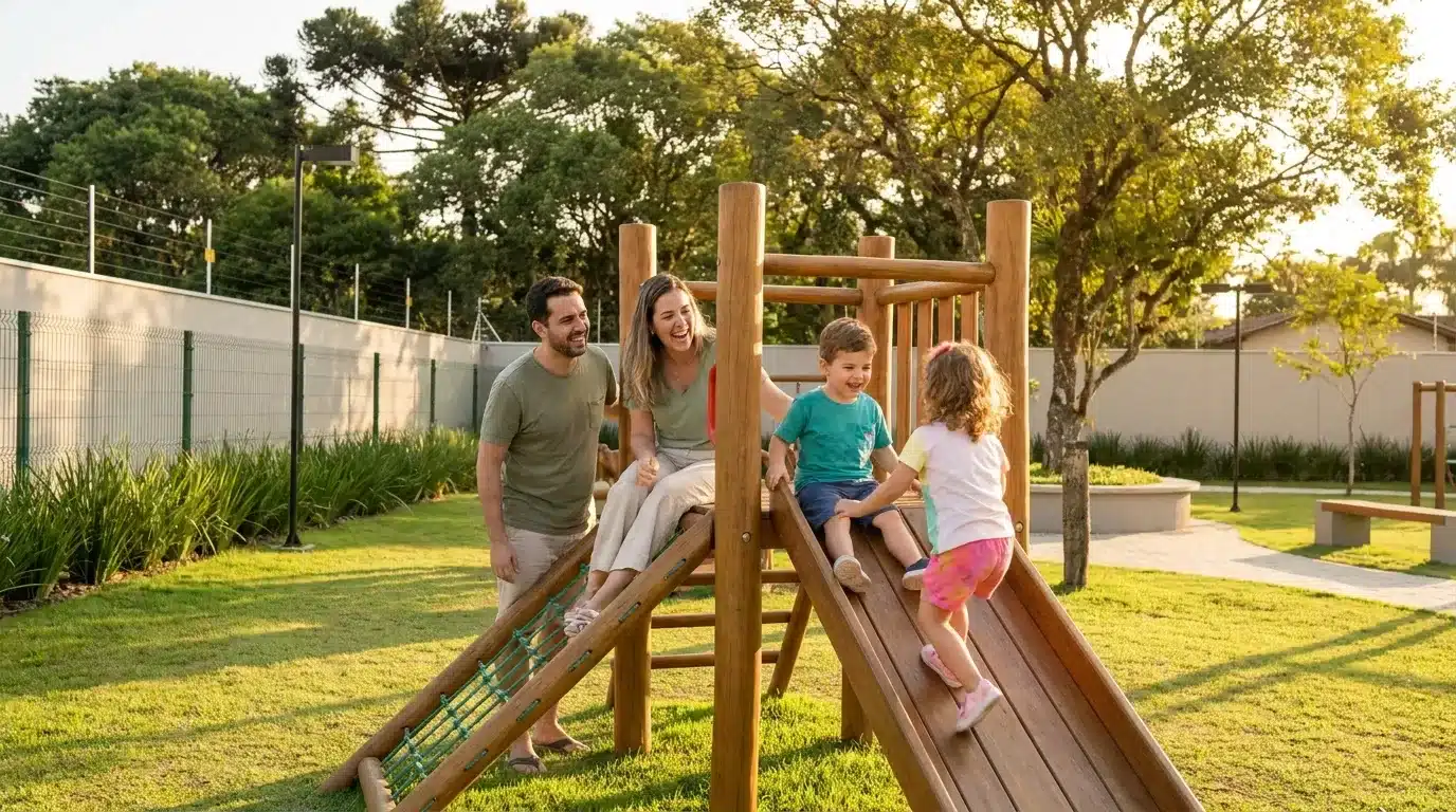 condomínio em Pelotas: Um casal se diverte com os dois filhos pequenos em um playground de madeira rústica construído sobre um gramado verde e bem cuidado de um condomínio. Um menino com camiseta azul-turquesa está sentado no topo de um escorregador pronto para descer, enquanto uma menina com blusa colorida e shorts rosa sobe pela rampa de madeira. O pai, de camiseta verde-oliva, e a mãe, de blusa verde-clara e calça bege, estão ao lado da estrutura sorrindo e observando as crianças. O fundo é composto por árvores frondosas, incluindo uma araucária alta, cercas de segurança brancas e casas residenciais sob a luz dourada do fim de tarde.