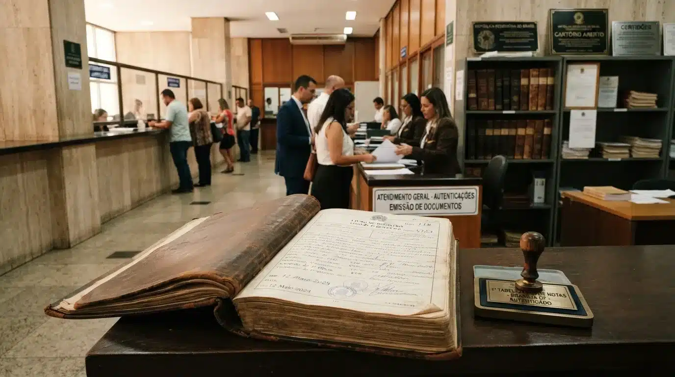 contrato de compra e venda de imóvel: Fotografia com foco em primeiro plano ambientada no interior de um cartório de registro público. Sobre o balcão de madeira escura em destaque, um grande e espesso livro de registro antigo com capa de couro desgastada está aberto, exibindo páginas amareladas com escritas manuais e carimbos oficiais. Ao lado do livro, há um carimbo clássico de madeira sobre uma placa de autenticação escrita "1º TABELIONATO DE NOTAS". Ao fundo, em plano médio, pessoas aguardam em filas e funcionários trabalham atrás de guichês sob uma placa que sinaliza "ATENDIMENTO GERAL - AUTENTICAÇÕES / EMISSÃO DE DOCUMENTOS".
