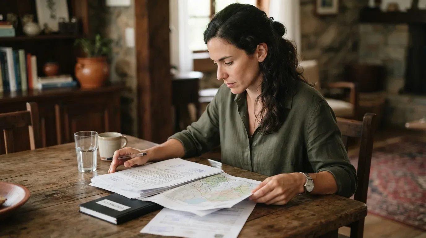 como escolher bairro em pelotas: Uma mulher de cabelos escuros presos e camisa verde-oliva está sentada a uma mesa de madeira rústica, concentrada na análise de papéis. Ela segura um mapa geográfico detalhado sobre uma pilha de documentos contratuais com carimbos oficiais. Sobre a mesa, há também um copo de água cristalina, uma caneca de cerâmica e um caderno preto com uma etiqueta onde se lê "CONTRATOS". O fundo exibe o interior acolhedor de uma casa com móveis de madeira, livros e uma parede de pedra.