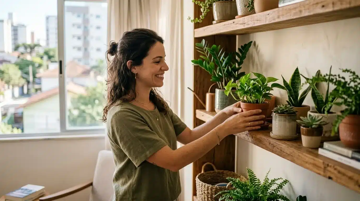 bem-estar em casa: Perfil e plano médio de uma mulher sorridente com os cabelos ondulados semi-presos, vestindo uma camiseta verde-musgo. Ela está em um ambiente iluminado, segurando com as duas mãos um vaso de terracota com uma planta jiboia para acomodá-lo em uma das prateleiras de madeira rústica repletas de outras plantas decorativas, como zamioculcas, suculentas e espadas-de-são-jorge. Ao fundo, uma grande janela de vidro mostra a vista desfocada de copas de árvores e casas de um bairro sob a luz do dia.