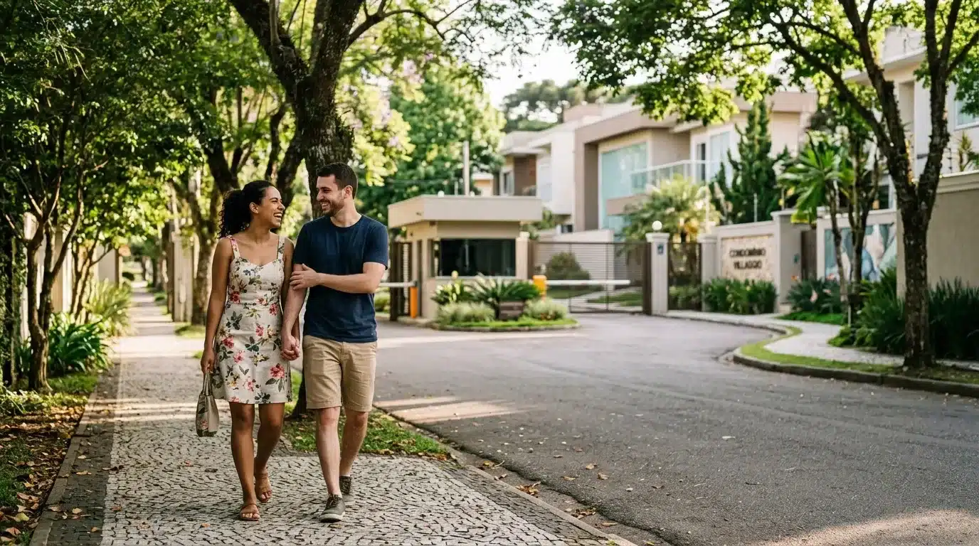crescimento urbano de Pelotas: Um jovem casal caminha sorridente e de mãos dadas por uma calçada sombreada de pedras decoradas no estilo calçada portuguesa. A mulher veste um vestido curto com estampa floral e o homem usa camiseta azul-escura e bermuda bege. O percurso é cercado por árvores e vegetação bem cuidada. Ao fundo, destaca-se a guarita de segurança e os portões automáticos de acesso de um loteamento residencial de alto padrão, contendo uma placa de identificação na parede onde se lê "CONDOMÍNIO VILLAGGIO" ao lado de casas modernas.