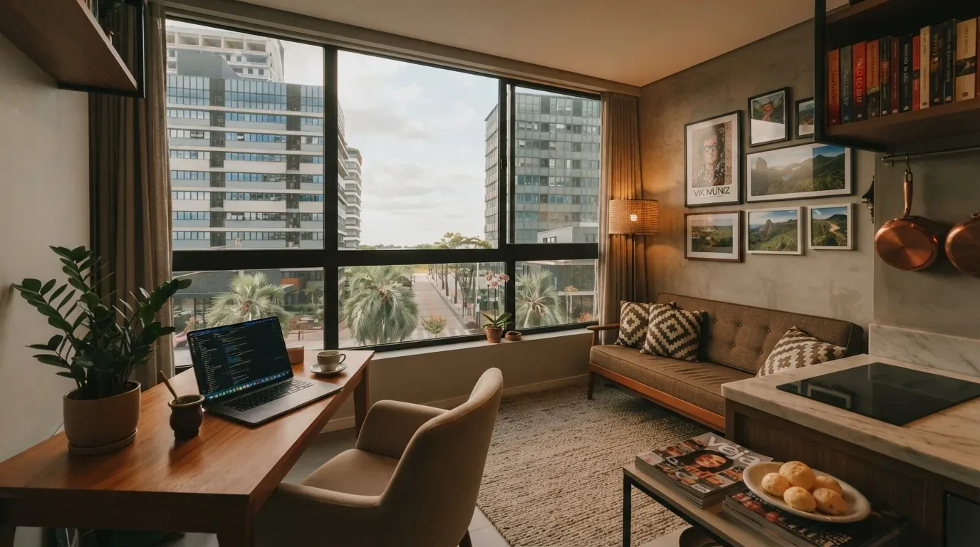 pelotas para jovens profissionais: Fotografia do interior de um moderno apartamento estúdio integrado e decorado para home office, sem pessoas presentes. À esquerda, uma mesa de trabalho de madeira exibe um notebook aberto com linhas de código de programação na tela, uma cuia de chimarrão com bomba e um vaso de planta zamioculca. Uma enorme janela de vidro ao centro oferece uma vista ampla para grandes prédios comerciais espelhados e palmeiras na rua. À direita, a área de convivência integrada exibe um sofá marrom com almofadas geométricas, quadros de fotografia na parede e um balcão com um prato cheio de pães de queijo e revistas empilhadas.