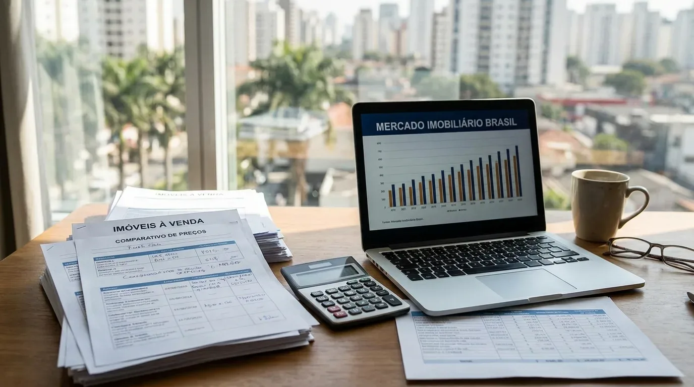 valorização imobiliária pelotas: Visão aproximada de uma mesa de escritório de madeira voltada para uma grande janela. À esquerda, há pilhas de relatórios impressos, com o documento do topo timbrado "IMÓVEIS À VENDA - COMPARATIVO DE PREÇOS". No centro, estão uma calculadora digital e um notebook aberto exibindo na tela um gráfico de barras com o título "MERCADO IMOBILIÁRIO BRASIL". À direita, completam a cena uma caneca de cerâmica e um par de óculos de grau. A janela ao fundo exibe prédios e palmeiras de forma desfocada.