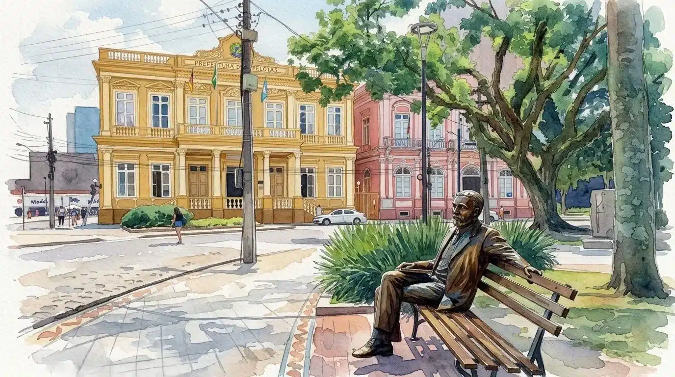 centro de pelotas bairro: Uma ilustração em aquarela da Praça Coronel Pedro Osório, no centro de Pelotas. Em primeiro plano à direita, destaca-se a estátua de bronze do escritor João Simões Lopes Neto sentado em um banco de madeira. Ao fundo, ergue-se o imponente casarão histórico da Prefeitura de Pelotas, com sua arquitetura neoclássica em tom amarelo e bandeiras hasteadas na sacada. À direita da prefeitura, vê-se outro prédio histórico em tom rosa-coral atrás de árvores frondosas.