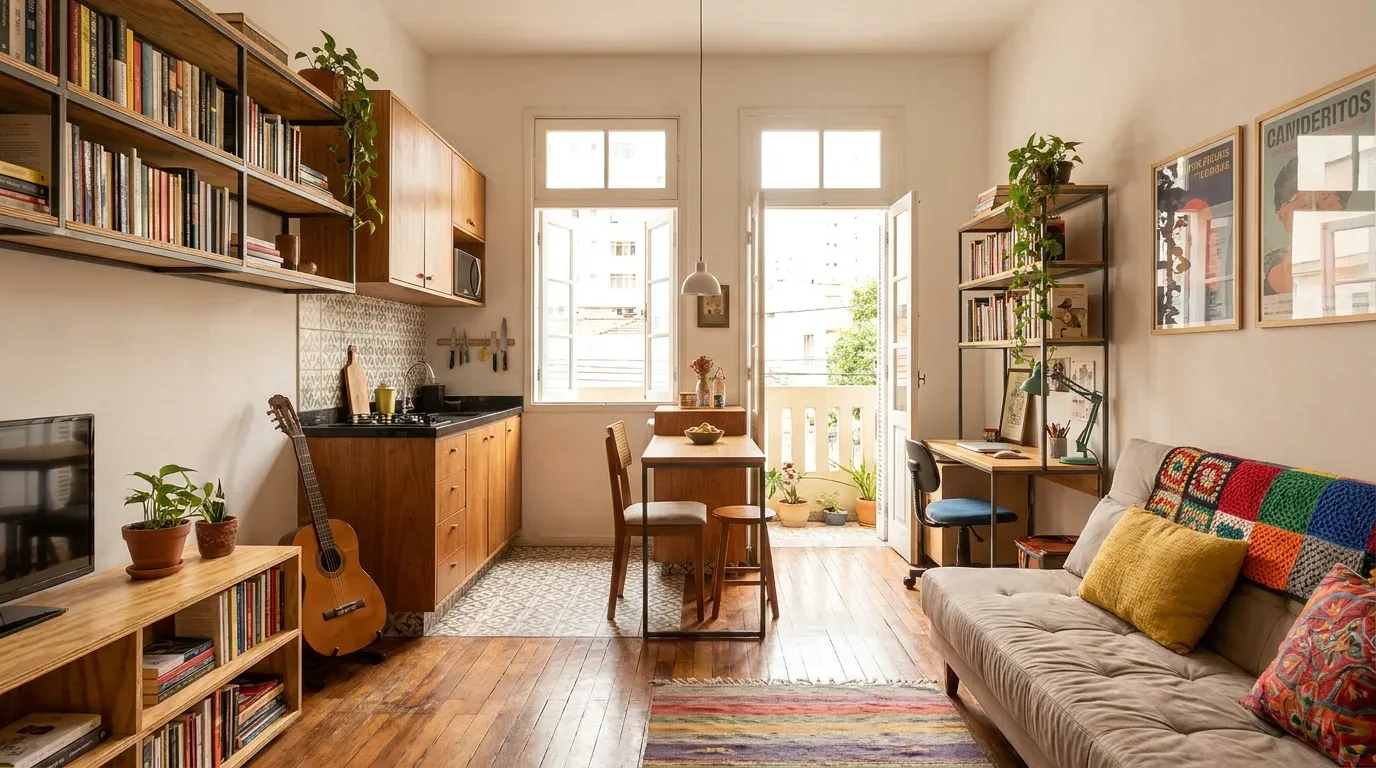 aluguel para estudantes pelotas: Vista interna de um apartamento estúdio aconchegante, bem iluminado e decorado, ideal para estudantes. À direita, há um sofá cinza com uma manta de crochê colorida e, logo atrás, uma escrivaninha de estudos equipada com notebook, cadeira de escritório e luminária verde. Ao fundo, uma mesa de jantar de madeira fica próxima a uma porta aberta que dá para uma varanda ensolarada com vasos de plantas. À esquerda, uma cozinha integrada com armários amadeirados divide o espaço com um violão em um suporte, um móvel de TV e estantes de parede repletas de livros.