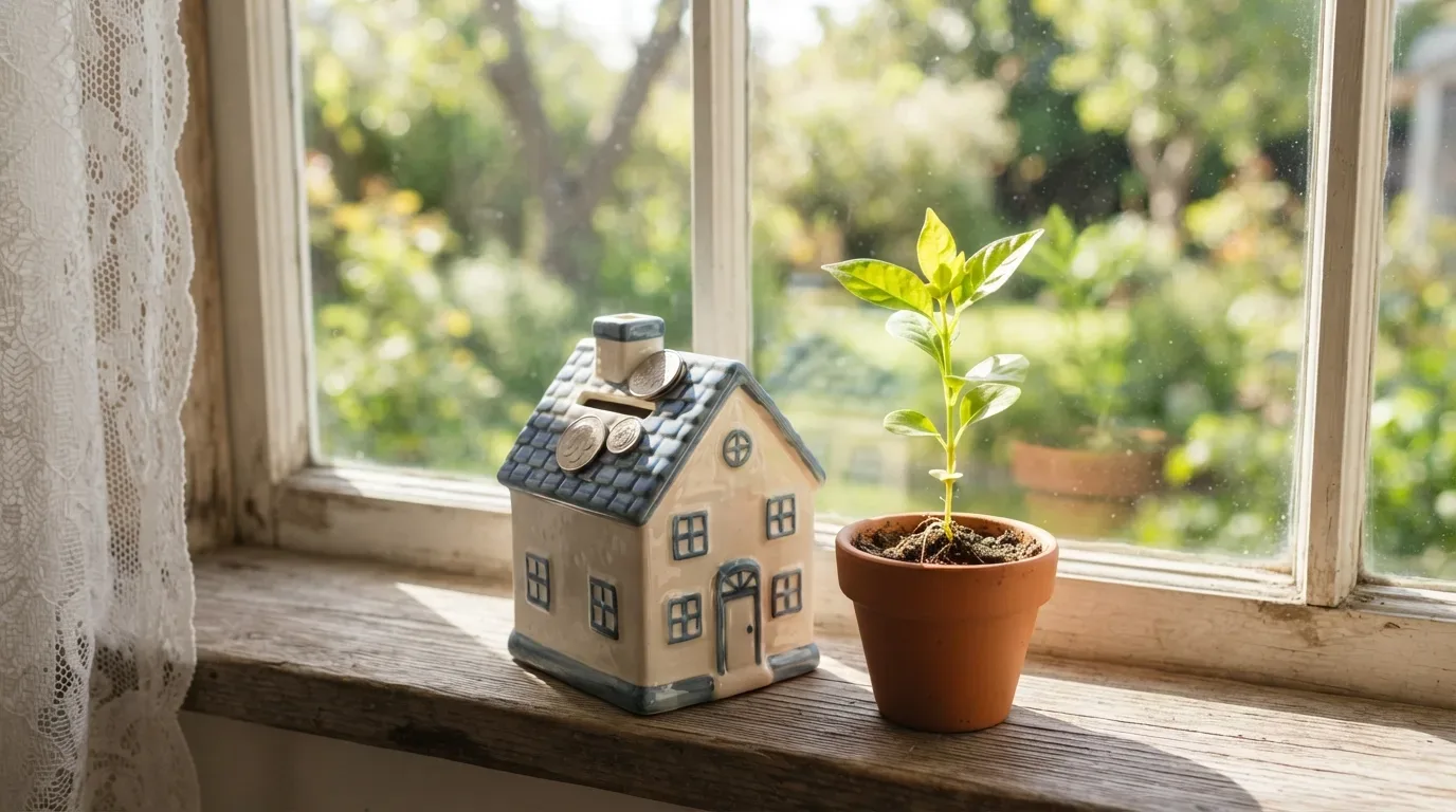 financiamento imobiliário pelotas: Um cofre de cerâmica decorativo em formato de casa com telhado azul repousa sobre o parapeito de uma janela de madeira antiga. Há algumas moedas inseridas e acumuladas na fenda do telhado. Ao lado do cofre, há um pequeno vaso de terracota com uma jovem muda de planta verde brotando em direção à luz. Uma cortina de renda branca emoldura o lado esquerdo, e o vidro da janela revela um jardim ensolarado e verdejante em desfoque suave ao fundo.