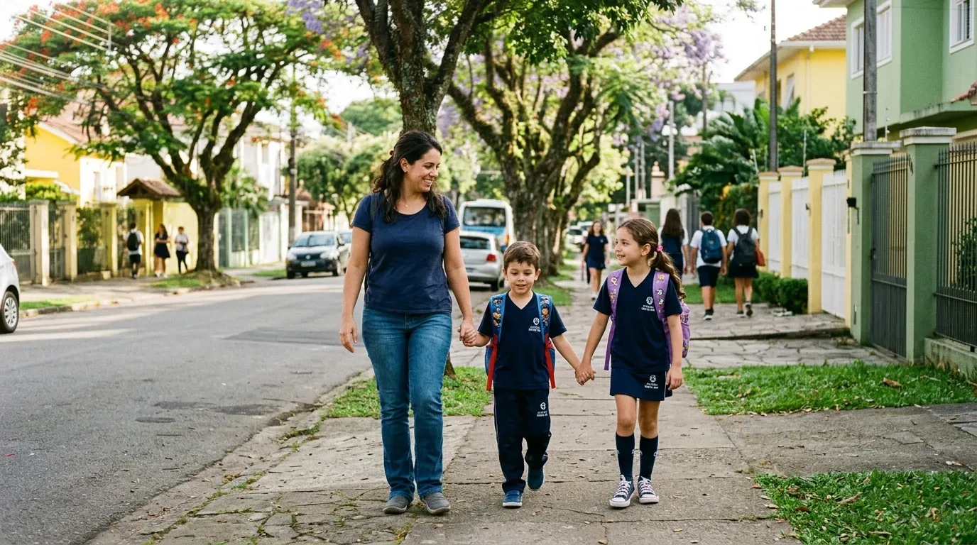 pelotas para famílias: Uma mulher com cabelo escuro, vestindo uma camiseta azul escura e calças jeans, caminha em uma calçada residencial segurando as mãos de seus dois filhos, um menino e uma menina, ambos vestindo uniformes escolares azuis e mochilas. Eles estão caminhando e conversando sob árvores frondosas, incluindo árvores com flores roxas ao fundo. A rua residencial tem casas coloridas com cercas e carros estacionados. O céu é azul claro.