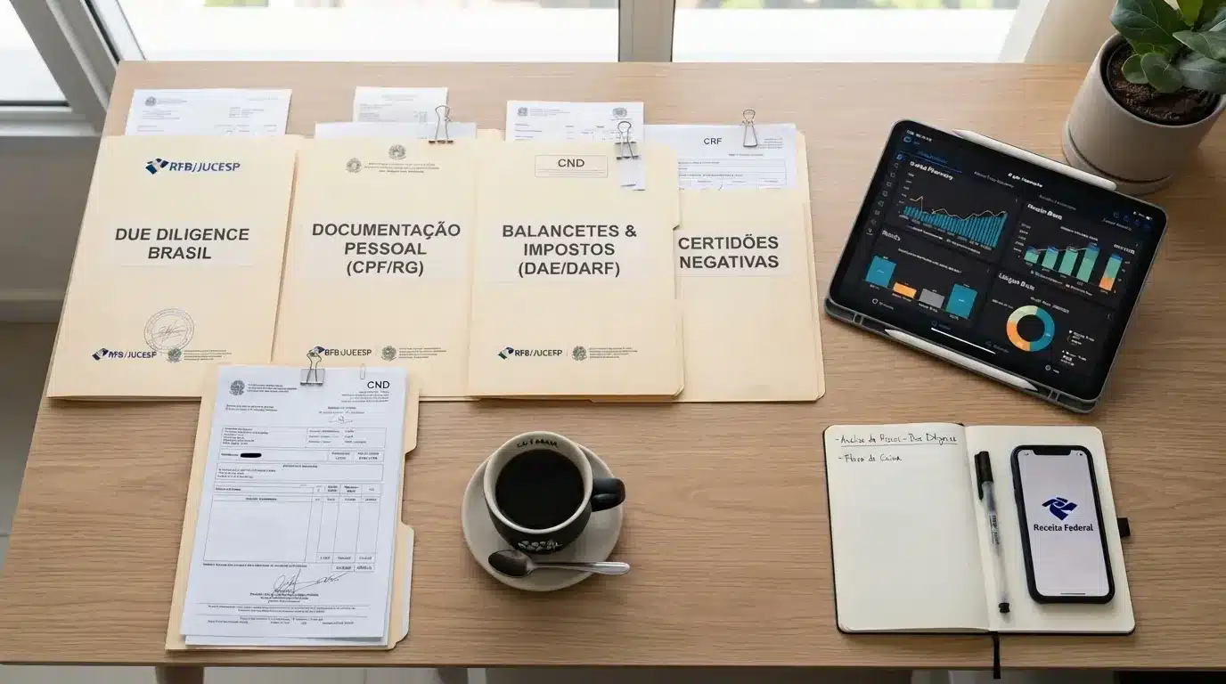 contrato de compra e venda de imóvel: Vista aérea e detalhada de uma mesa de trabalho de madeira clara organizada para auditoria documental. Alinhadas horizontalmente estão quatro pastas de arquivo bege com os títulos em letras maiúsculas: "DUE DILIGENCE BRASIL", "DOCUMENTAÇÃO PESSOAL (CPF/RG)", "BALANCETES & IMPOSTOS (DAE/DARF)" e "CERTIDÕES NEGATIVAS", trazendo impressa a sigla "RFB/JUCESP". À direita, um tablet exibe um painel com diversos gráficos financeiros. Na parte inferior da mesa, há uma certidão impressa com o título "CND", uma xícara de café preto, um caderno com anotações manuscritas e um smartphone com o logotipo da Receita Federal na tela.