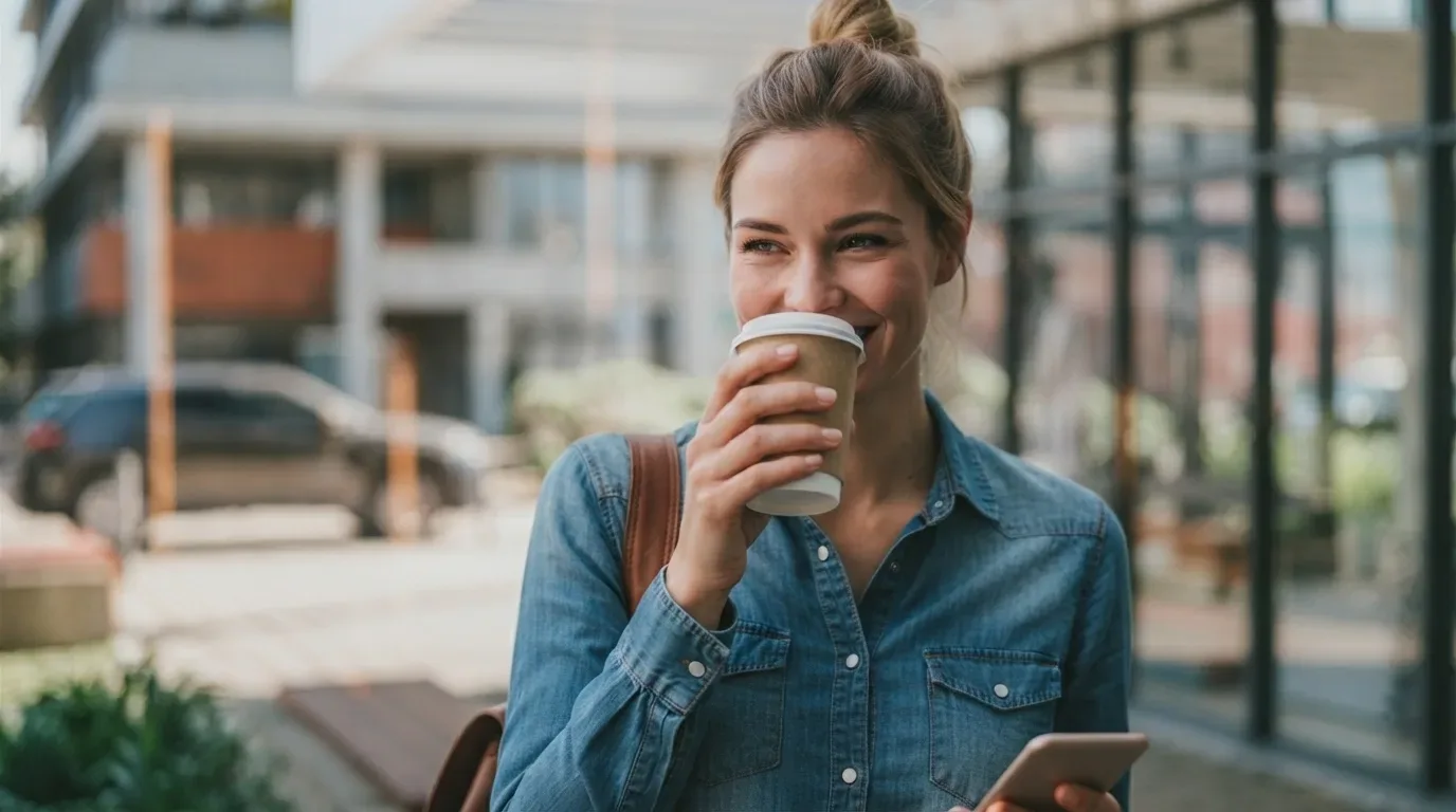 como escolher bairro em pelotas: Retrato em plano médio de uma jovem mulher sorridente com o cabelo loiro preso em um coque alto, vestindo uma camisa jeans azul. Ela está em uma área externa urbana e segura um copo de café de papel kraft enquanto toma um gole, segurando um smartphone na outra mão. Ao fundo, com desfoque suave, nota-se a fachada de um prédio comercial moderno de vidro e a silhueta de um carro estacionado.