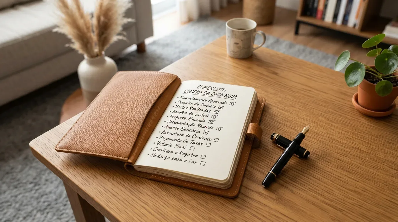 visitar imóveis em Pelotas: Vista superior de uma mesa de centro de madeira clara onde repousa uma agenda aberta com capa de couro caramelo. Na página em destaque, há uma lista manuscrita intitulada "CHECKLIST: COMPRA DA CASA NOVA". Os primeiros itens, como "Financiamento Aprovado", "Visitas Realizadas" e "Análise Bancária", aparecem marcados com um check em quadradinhos. Os itens finais, como "Assinatura do Contrato" e "Mudança para o Lar", estão em branco. Uma caneta-tinteiro preta e dourada está deitada ao lado do caderno. No fundo desfocado, aparecem um vaso com capim-dos-pampas, uma caneca e um vaso com uma planta de folhas redondas.
