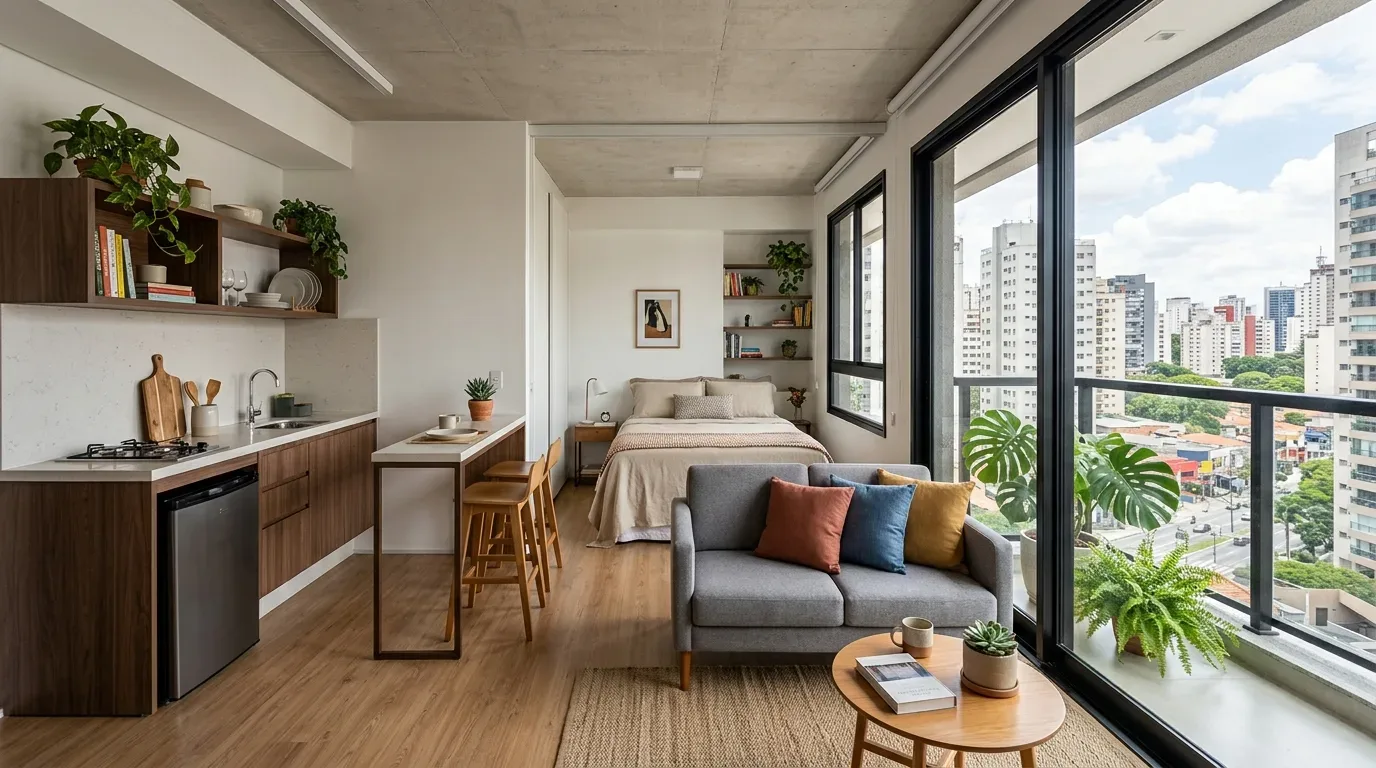 rentabilidade de imóveis em pelotas: Fotografia de ângulo aberto do interior de um apartamento estúdio moderno integrado, com teto de concreto aparente e piso de madeira clara. À esquerda, destaca-se uma cozinha linear compacta com marcenaria em tom amadeirado escuro, bancada branca e uma península com banquetas de madeira. No centro da sala, há um sofá cinza de dois lugares decorado com almofadas terracota, azul e mostarda, posicionado sobre um tapete de sisal ao lado de uma mesa de centro redonda. Ao fundo, em um nicho, fica a cama de casal arrumada. À direita, grandes portas de vidro do chão ao teto revelam uma varanda com plantas e vista para o skyline urbano.