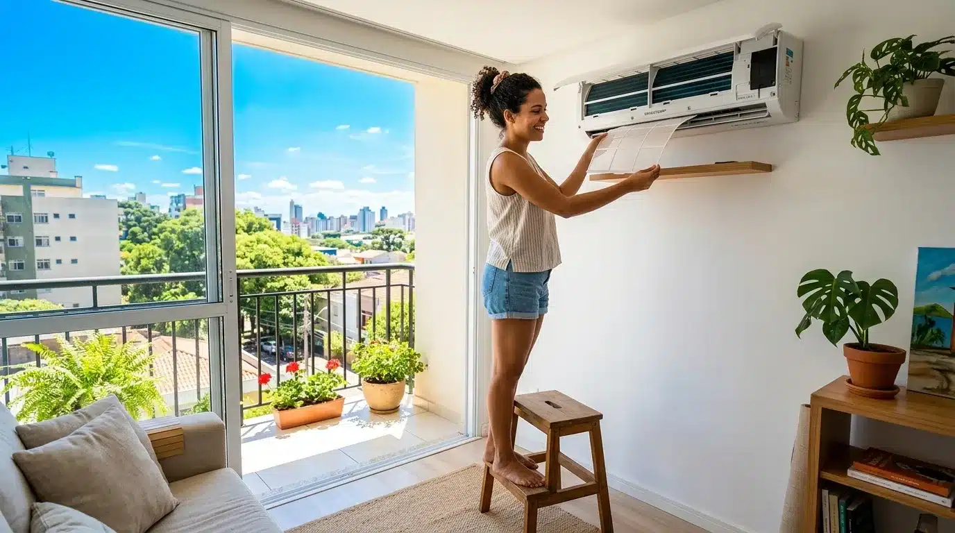 manutenção de imóvel alugado: Uma jovem sorridente de cabelos cacheados presos, vestindo regata listrada e short jeans, realiza a manutenção preventiva de sua casa. Ela está em pé sobre um pequeno banco de madeira, alcançando um aparelho de ar-condicionado split fixado na parede branca para manusear e limpar a sua tela de filtro. O ambiente recebe forte iluminação natural vinda de uma grande porta de correr de vidro à esquerda, que dá acesso a uma varanda com vasos de flores vermelhas. A vista externa revela a paisagem urbana de uma cidade com prédios ao fundo sob um céu azul vívido.
