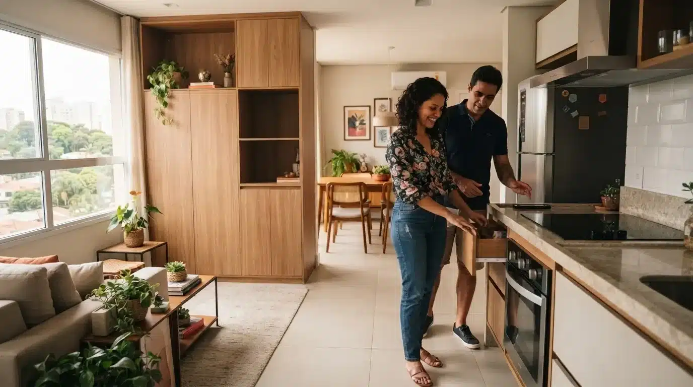 negociar preço de imóvel: Fotografia em plano inteiro mostrando um casal inspecionando o interior de um apartamento moderno em conceito aberto. Em primeiro plano na cozinha, uma mulher de blusa com estampa floral e calça jeans sorri enquanto abre uma gaveta de armário embutido sob a bancada de pedra clara. O homem ao seu lado, vestindo camisa polo azul-marinho, observa a qualidade do acabamento. A cozinha conta com cooktop embutido, forno elétrico e uma geladeira de aço inoxidável. Ao fundo, veem-se a sala de jantar iluminada por uma luminária pendente, um grande painel de armário de madeira e uma ampla janela de correr com vista para um bairro residencial arborizado.