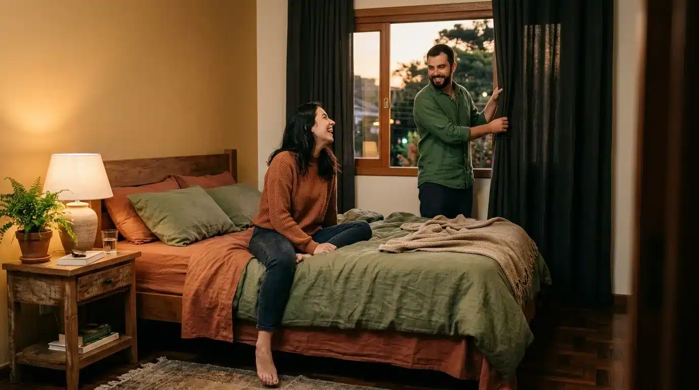 bem-estar em casa: Plano médio ambientada em um quarto caloroso e acolhedor. Uma mulher de suéter laranja e calça jeans escura está sentada de pernas cruzadas sobre uma cama de casal, rindo descontraidamente. A cama está arrumada com um edredom verde-oliva e lençóis em tom terracota. Ao fundo, um homem barbudo vestindo camisa verde sorri para ela enquanto abre uma cortina cinza-escura em uma grande janela de madeira. À esquerda, um criado-mudo de madeira rústica sustenta um copo de água, livros e um vaso de samambaia sob a luz suave de uma luminária acesa.