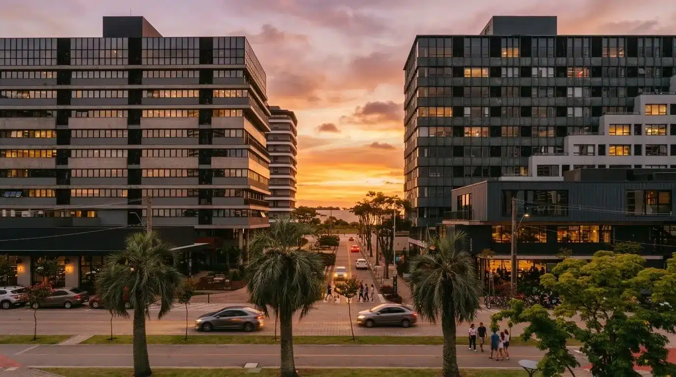 crescimento urbano de Pelotas: Fotografia em plano médio mostrando o corredor visual de uma avenida urbana planejada, ladeada por dois grandes edifícios comerciais espelhados de arquitetura contemporânea. A rua central exibe carros em movimento, estendendo-se em direção ao horizonte ao fundo. Palmeiras e árvores frondosas decoram os canteiros laterais e as calçadas. Em primeiro plano, pedestres caminham em um calçadão sob a iluminação natural e calorosa do entardecer, que tinge o céu de tons alaranjados e rosados.
