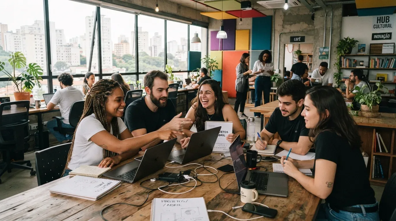 pelotas para jovens profissionais: Um grupo diversificado de cinco jovens profissionais sorri e interage alegremente ao redor de uma grande mesa de madeira rústica em um espaço de coworking dinâmico. Uma mulher negra com tranças compridas aponta sorridente para a tela de um notebook, enquanto uma colega ao lado dá uma gargalhada segurando um caderno com a inscrição manuscrita "PROJETOS / ABRIL". Sobre a mesa há múltiplos notebooks, cabos, blocos de notas e copos de café. Ao fundo, grandes janelas de vidro revelam o cenário urbano e as paredes são decoradas com painéis acústicos coloridos e uma estante com a placa "HUB CULTURAL INOVAÇÃO".
