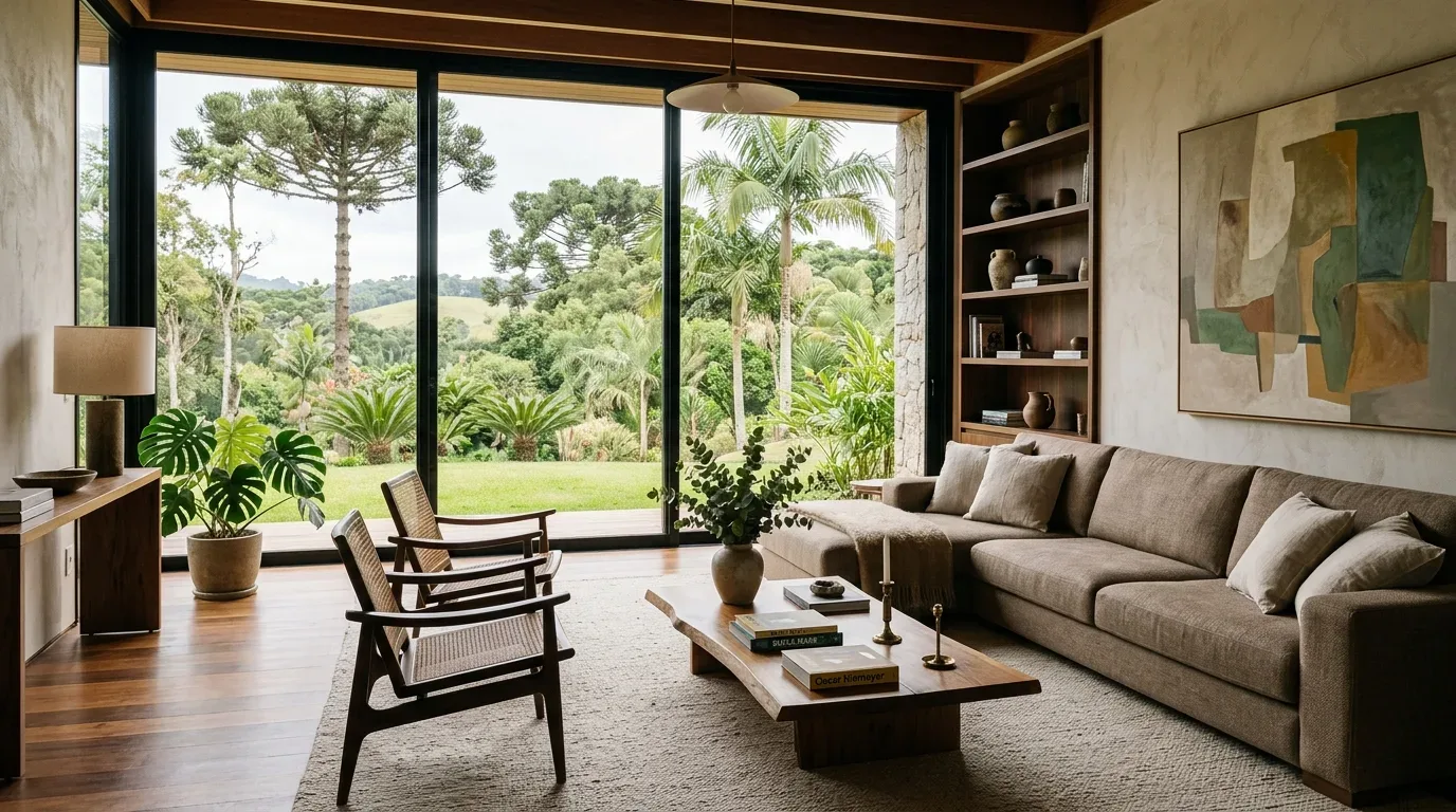 valorização imobiliária pelotas: Interior de uma sala de estar ampla e sofisticada com design arquitetônico contemporâneo. À direita, há um grande sofá em L de tecido marrom-claro, uma mesa de centro de madeira maciça com livros e duas poltronas elegantes com encosto de palha. A parede ao fundo possui estantes de madeira embutidas com vasos decorativos e uma grande tela abstrata. À esquerda, imensas portas de correr de vidro do chão ao teto abrem-se completamente para um amplo jardim gramado, destacando a vista de palmeiras e de uma araucária imponente.