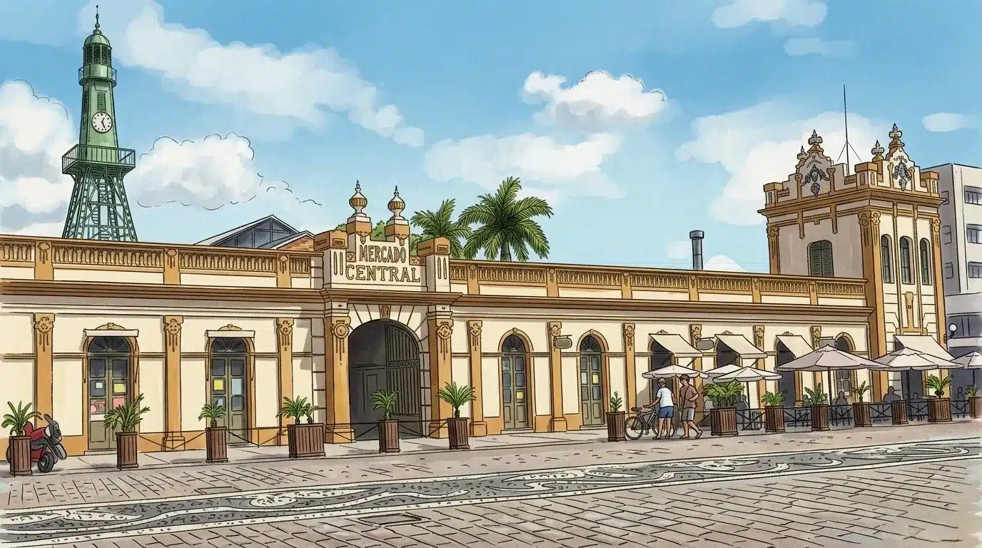centro de pelotas bairro: Ilustração artística com traços de desenho e preenchimento em aquarela da fachada do Mercado Central de Pelotas. O prédio histórico horizontal em tons de amarelo claro e branco exibe uma entrada em arco com os dizeres "MERCADO CENTRAL" no topo. À esquerda, destaca-se a famosa torre de ferro verde com um relógio redondo no topo. À direita, há uma área de circulação com mesas e ombrelones brancos de restaurantes dispostos sobre o calçadão de pedras decoradas, onde pedestres e uma bicicleta se movimentam sob o céu azul.