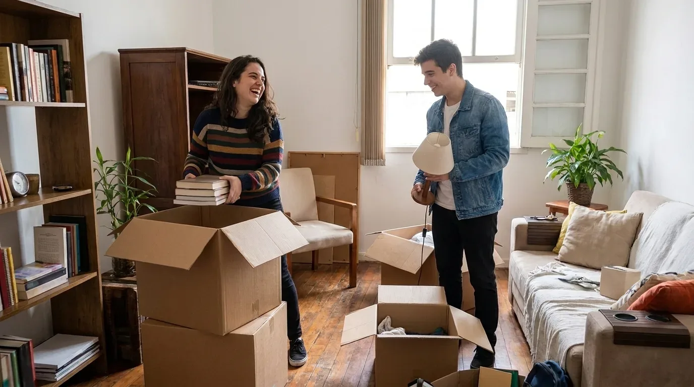 aluguel para estudantes pelotas: Um jovem de jaqueta jeans e uma jovem de suéter listrado colorido organizam a mudança dentro de um apartamento com piso de madeira. À esquerda, a mulher ri alegremente enquanto coloca uma pilha de livros dentro de uma grande caixa de papelão aberta. À direita, o homem sorri para ela enquanto segura um abajur de mesa. O ambiente está repleto de caixas de papelão abertas, uma estante de livros de madeira e um sofá claro ao fundo, sob a luz natural de uma janela.