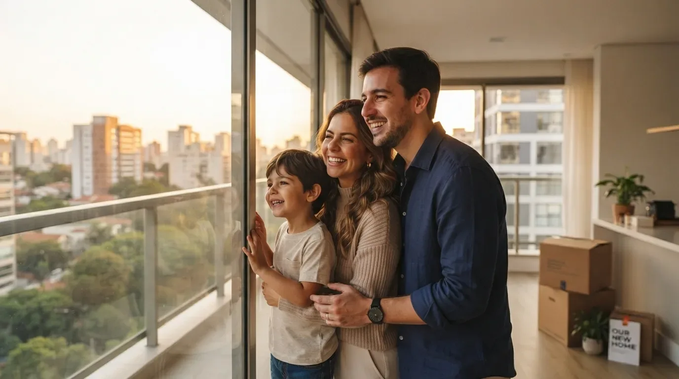 financiamento imobiliário pelotas: Um casal e seu filho pequeno estão juntos na área da varanda de um apartamento de andar alto, olhando sorridentes e emocionados através do vidro para o horizonte da cidade durante o pôr do sol. O homem abraça a esposa e o filho por trás. No interior do apartamento, logo atrás deles, há caixas de papelão empilhadas que indicam uma mudança recente, incluindo um pequeno vaso de plantas e uma placa decorativa no chão com a inscrição "OUR NEW HOME".