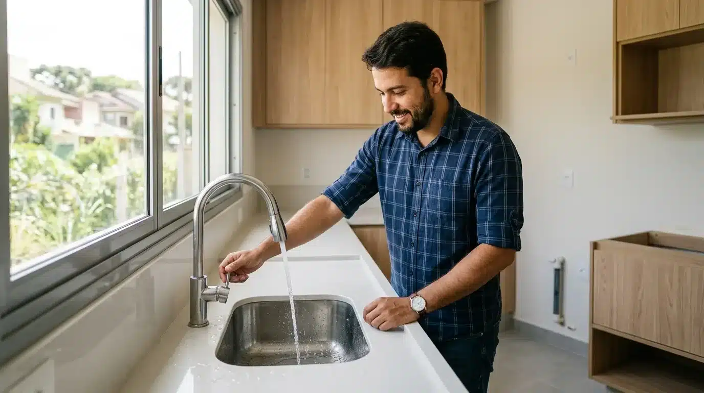 vistoria de entrada aluguel: Um homem sorridente e de barba, vestindo calça jeans e uma camisa de botão xadrez azul com as mangas dobradas, inspeciona as instalações hidráulicas de uma cozinha nova. Ele está posicionado ao lado de uma bancada de pedra clara e usa a mão direita para abrir um moderno misturador monocomando cromado, testando o fluxo da água que corre forte para dentro de uma cuba de aço inoxidável. Ele usa um relógio com pulseira de couro no pulso esquerdo. A cozinha possui armários planejados de madeira clara na parede, e a grande janela à esquerda permite a entrada de luz natural, mostrando árvores e telhados no lado de fora.