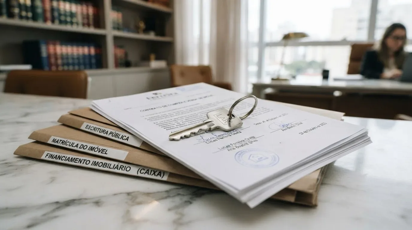 visitar imóveis em Pelotas: Close-up em ângulo levemente superior de uma mesa de mármore branco com documentos de transação imobiliária. Em destaque, uma chave metálica com um chaveiro gravado com a palavra "LAR" repousa sobre um "CONTRATO DE COMPRA E VENDA" assinado e carimbado com o logo "Ferreira Advogados Associados". Abaixo do contrato, há três pastas de papel pardo empilhadas com etiquetas impressas onde se lê: "ESCRITURA PÚBLICA", "MATRÍCULA DO IMÓVEL" e "FINANCIAMENTO IMOBILIÁRIO (CAIXA)". Ao fundo, com desfoque suave, vê-se um escritório de advocacia com estantes de livros jurídicos e uma mulher trabalhando ao computador.