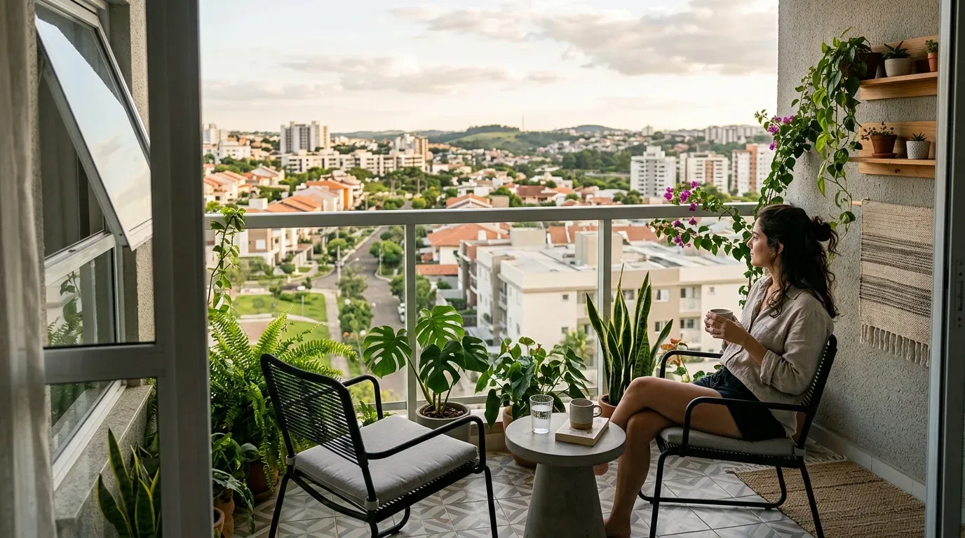 valorização imobiliária pelotas: Vista de dentro de um apartamento mostrando uma varanda aconchegante e repleta de plantas. Uma mulher está sentada em uma cadeira de metal preta com estofado claro, segurando uma caneca enquanto observa relaxada a vista panorâmica de um bairro residencial arborizado ao fundo. A varanda é decorada com vasos de samambaia, costela-de-adão e jiboia. No centro, uma pequena mesa redonda de concreto apoia um copo de água, outra caneca e um livro. Na parede oposta, há prateleiras de madeira com pequenos vasinhos e uma cadeira vazia.