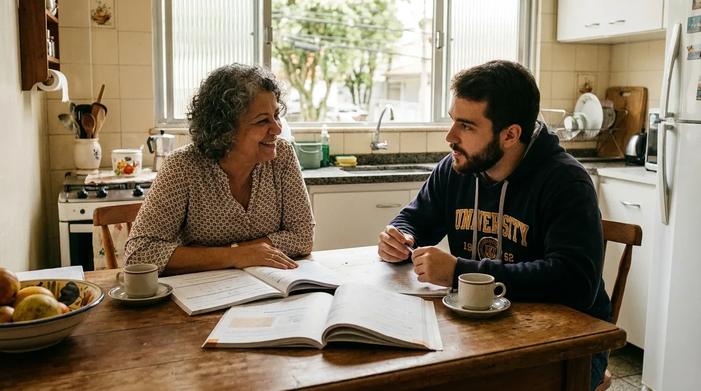 aluguel para estudantes pelotas: Uma mulher de cabelos grisalhos cacheados e um jovem estudante de barba, vestindo um moletom azul-escuro com a inscrição "UNIVERSITY", conversam sorridentes sentados à mesa de madeira de uma cozinha. Eles revisam livros didáticos e cadernos abertos sobre a mesa, onde também há duas xícaras de café com pires e uma fruteira com maçãs. Ao fundo, o ambiente exibe azulejos claros na parede, um fogão, uma pia sob a janela e uma geladeira branca.