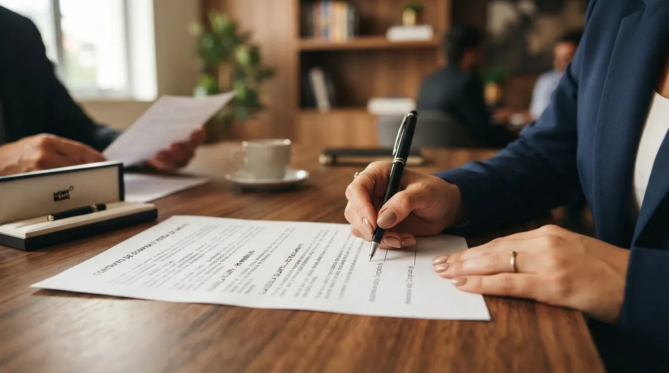 financiamento imobiliário pelotas: Close-up focado nas mãos de uma mulher vestindo blazer azul-escuro enquanto ela assina um documento intitulado "CONTRATO DE COMPRA E VENDA DE IMÓVEL" sobre uma mesa de madeira escura. Ela usa anéis discretos e segura uma caneta-tinteiro preta com detalhes prateados. Ao fundo, com desfoque suave, outra pessoa veste terno e analisa papéis do outro lado da mesa, onde também há uma xícara de café com pires e um estojo de caneta de luxo aberto.