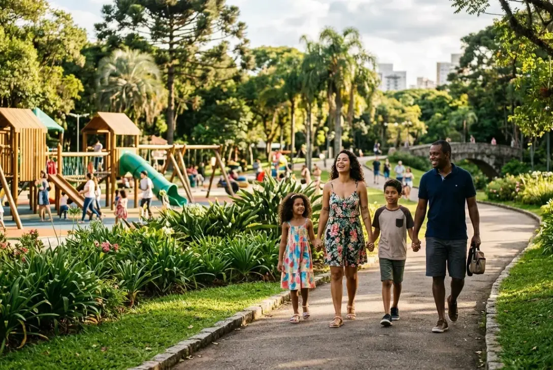 Uma família (mãe, pai e dois filhos, um menino e uma menina) caminha de mãos dadas ao longo de um caminho pavimentado em um parque bem cuidado. Todos estão sorrindo e olhando para a frente. A mãe usa um vestido floral colorido, a menina usa um vestido de verão, o menino usa uma camiseta e bermuda, e o pai usa uma camisa polo azul escura e bermuda. Eles estão cercados por grama verde, arbustos floridos e árvores altas, incluindo palmeiras e araucárias ao fundo. À esquerda, um grande parquinho de madeira com um escorregador e crianças brincando é visível. À direita, uma ponte de pedra cruza um riacho sob um céu parcialmente nublado. (pelotas para famílias)