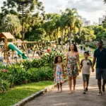 Uma família (mãe, pai e dois filhos, um menino e uma menina) caminha de mãos dadas ao longo de um caminho pavimentado em um parque bem cuidado. Todos estão sorrindo e olhando para a frente. A mãe usa um vestido floral colorido, a menina usa um vestido de verão, o menino usa uma camiseta e bermuda, e o pai usa uma camisa polo azul escura e bermuda. Eles estão cercados por grama verde, arbustos floridos e árvores altas, incluindo palmeiras e araucárias ao fundo. À esquerda, um grande parquinho de madeira com um escorregador e crianças brincando é visível. À direita, uma ponte de pedra cruza um riacho sob um céu parcialmente nublado. (pelotas para famílias)