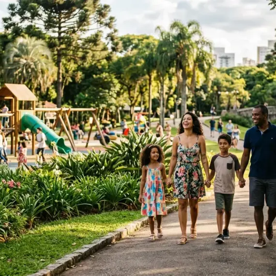 Uma família (mãe, pai e dois filhos, um menino e uma menina) caminha de mãos dadas ao longo de um caminho pavimentado em um parque bem cuidado. Todos estão sorrindo e olhando para a frente. A mãe usa um vestido floral colorido, a menina usa um vestido de verão, o menino usa uma camiseta e bermuda, e o pai usa uma camisa polo azul escura e bermuda. Eles estão cercados por grama verde, arbustos floridos e árvores altas, incluindo palmeiras e araucárias ao fundo. À esquerda, um grande parquinho de madeira com um escorregador e crianças brincando é visível. À direita, uma ponte de pedra cruza um riacho sob um céu parcialmente nublado. (pelotas para famílias)