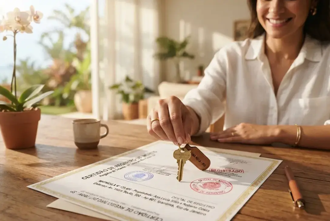 Fotografia em close-up focada na entrega das chaves de um novo imóvel. Uma mão segura uma chave dourada com chaveiro de couro diretamente acima de um documento oficial texturizado intitulado "CERTIDÃO DE REGISTRO DE IMÓVEIS", que exibe carimbos oficiais coloridos em azul e vermelho e o texto "OFICIAL DE REGISTRO". Ao lado do documento, sobre a mesa de madeira rústica, repousam uma caneta e uma xícara de cerâmica. Ao fundo e ligeiramente desfocada, uma mulher veste camisa branca e exibe um sorriso radiante. Um vaso com uma orquídea branca decora o canto esquerdo.