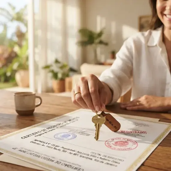 Fotografia em close-up focada na entrega das chaves de um novo imóvel. Uma mão segura uma chave dourada com chaveiro de couro diretamente acima de um documento oficial texturizado intitulado "CERTIDÃO DE REGISTRO DE IMÓVEIS", que exibe carimbos oficiais coloridos em azul e vermelho e o texto "OFICIAL DE REGISTRO". Ao lado do documento, sobre a mesa de madeira rústica, repousam uma caneta e uma xícara de cerâmica. Ao fundo e ligeiramente desfocada, uma mulher veste camisa branca e exibe um sorriso radiante. Um vaso com uma orquídea branca decora o canto esquerdo.