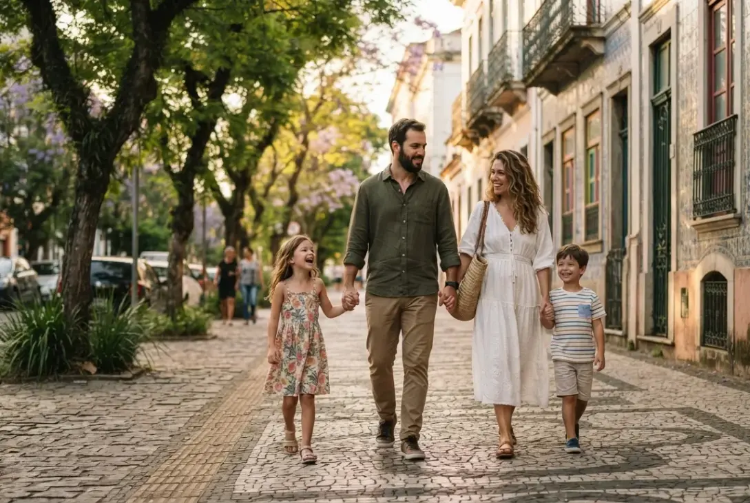 Uma família de quatro pessoas caminha alegremente de mãos dadas pelo centro de uma rua de paralelepípedos com calçadas de pedra portuguesa. O pai veste uma camisa verde-escura e calça bege; a filha usa um vestido infantil floral colorido; a mãe veste um vestido longo branco e carrega uma bolsa de palha; e o filho menor usa uma camiseta listrada e bermuda clara. Eles sorriem e conversam enquanto caminham sob a sombra de árvores frondosas. A rua é emoldurada por casarões antigos de arquitetura colonial com detalhes de azulejos e sacadas de ferro nas fachadas. (como escolher bairro em pelotas)