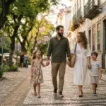 Uma família de quatro pessoas caminha alegremente de mãos dadas pelo centro de uma rua de paralelepípedos com calçadas de pedra portuguesa. O pai veste uma camisa verde-escura e calça bege; a filha usa um vestido infantil floral colorido; a mãe veste um vestido longo branco e carrega uma bolsa de palha; e o filho menor usa uma camiseta listrada e bermuda clara. Eles sorriem e conversam enquanto caminham sob a sombra de árvores frondosas. A rua é emoldurada por casarões antigos de arquitetura colonial com detalhes de azulejos e sacadas de ferro nas fachadas. (como escolher bairro em pelotas)