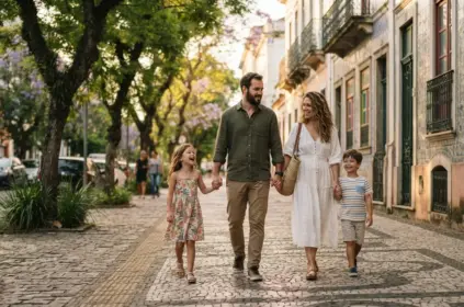Uma família de quatro pessoas caminha alegremente de mãos dadas pelo centro de uma rua de paralelepípedos com calçadas de pedra portuguesa. O pai veste uma camisa verde-escura e calça bege; a filha usa um vestido infantil floral colorido; a mãe veste um vestido longo branco e carrega uma bolsa de palha; e o filho menor usa uma camiseta listrada e bermuda clara. Eles sorriem e conversam enquanto caminham sob a sombra de árvores frondosas. A rua é emoldurada por casarões antigos de arquitetura colonial com detalhes de azulejos e sacadas de ferro nas fachadas. (como escolher bairro em pelotas)