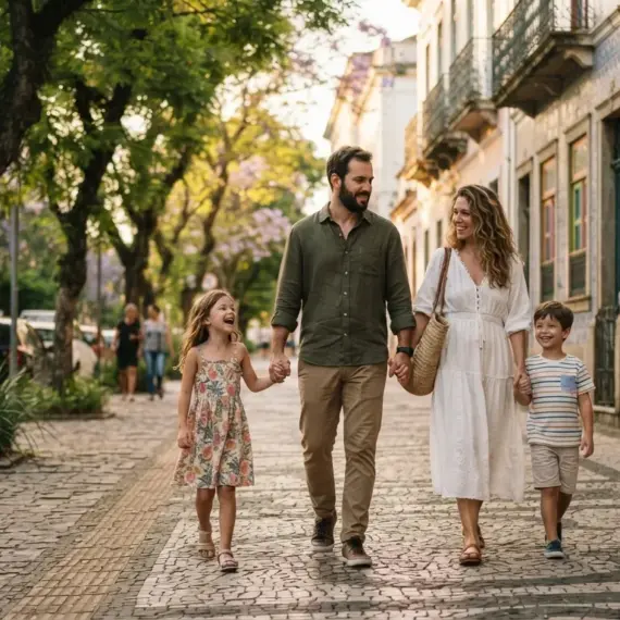 Uma família de quatro pessoas caminha alegremente de mãos dadas pelo centro de uma rua de paralelepípedos com calçadas de pedra portuguesa. O pai veste uma camisa verde-escura e calça bege; a filha usa um vestido infantil floral colorido; a mãe veste um vestido longo branco e carrega uma bolsa de palha; e o filho menor usa uma camiseta listrada e bermuda clara. Eles sorriem e conversam enquanto caminham sob a sombra de árvores frondosas. A rua é emoldurada por casarões antigos de arquitetura colonial com detalhes de azulejos e sacadas de ferro nas fachadas. (como escolher bairro em pelotas)