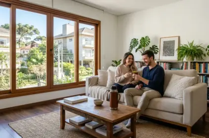 Um jovem casal sorridente está sentado em um sofá bege em uma sala de estar iluminada e acolhedora. O homem segura uma cuia de chimarrão e ambos compartilham um momento descontraído. Diante deles, uma mesa de centro de madeira exibe livros e uma garrafa térmica revestida de couro sobre um tapete de fibra natural. À esquerda, uma imensa janela com moldura de madeira revela a vista externa de um bairro residencial arborizado com casas e araucárias sob o céu claro. Ao fundo, estantes de madeira estão repletas de livros e decoradas com plantas exuberantes, como uma costela-de-adão e uma samambaia.