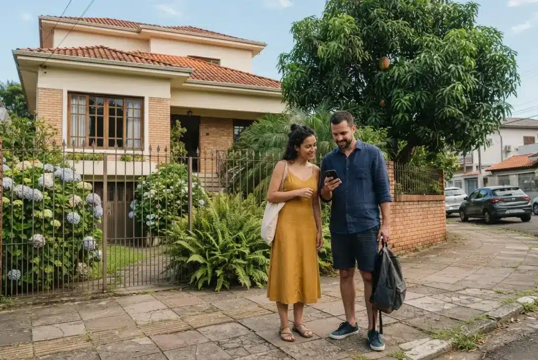 Um homem e uma mulher estão em pé em uma calçada de pedras em frente a uma residência, olhando juntos para a tela de um smartphone. A mulher usa um vestido midi amarelo e uma bolsa de lona clara no ombro. O homem, de camisa social azul de mangas dobradas e bermuda escura, segura o aparelho enquanto carrega uma mochila preta em uma das mãos. Atrás deles, um muro de tijolos e uma grade de ferro delimitam o jardim de uma casa de dois andares com acabamento em tijolos e telhado cerâmico. O jardim destaca-se por grandes arbustos de hortênsias azuis e samambaias exuberantes ao lado de uma árvore frondosa. Na rua, há carros estacionados ao longo do meio-fio.