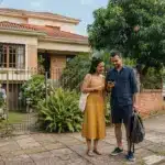 Um homem e uma mulher estão em pé em uma calçada de pedras em frente a uma residência, olhando juntos para a tela de um smartphone. A mulher usa um vestido midi amarelo e uma bolsa de lona clara no ombro. O homem, de camisa social azul de mangas dobradas e bermuda escura, segura o aparelho enquanto carrega uma mochila preta em uma das mãos. Atrás deles, um muro de tijolos e uma grade de ferro delimitam o jardim de uma casa de dois andares com acabamento em tijolos e telhado cerâmico. O jardim destaca-se por grandes arbustos de hortênsias azuis e samambaias exuberantes ao lado de uma árvore frondosa. Na rua, há carros estacionados ao longo do meio-fio.