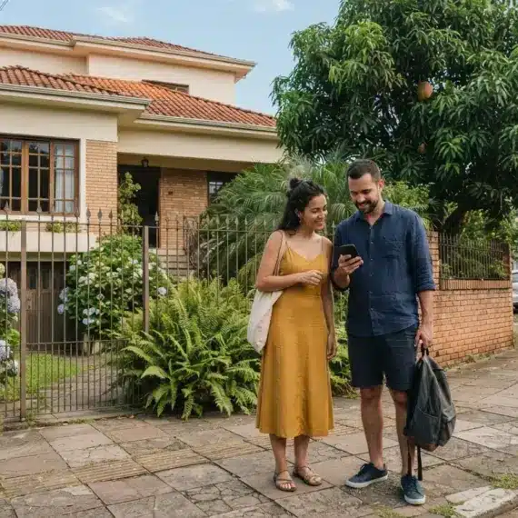 Um homem e uma mulher estão em pé em uma calçada de pedras em frente a uma residência, olhando juntos para a tela de um smartphone. A mulher usa um vestido midi amarelo e uma bolsa de lona clara no ombro. O homem, de camisa social azul de mangas dobradas e bermuda escura, segura o aparelho enquanto carrega uma mochila preta em uma das mãos. Atrás deles, um muro de tijolos e uma grade de ferro delimitam o jardim de uma casa de dois andares com acabamento em tijolos e telhado cerâmico. O jardim destaca-se por grandes arbustos de hortênsias azuis e samambaias exuberantes ao lado de uma árvore frondosa. Na rua, há carros estacionados ao longo do meio-fio.
