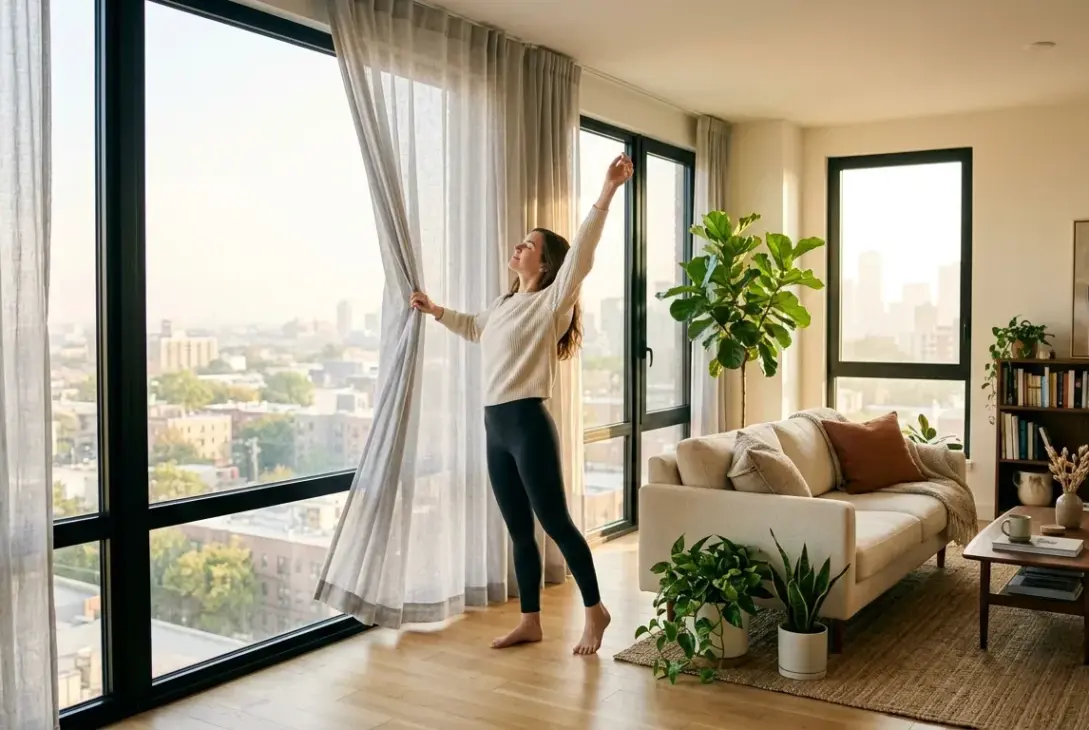 Ângulo aberto de um apartamento moderno, amplo e ensolarado. Uma mulher descalça, vestindo suéter off-white e calça legging preta, está posicionada no centro de uma imensa parede de vidro com janelas que vão do chão ao teto. Ela afasta uma cortina de linho fina e clara com uma das mãos enquanto estica o outro armo para cima, apreciando a luz da manhã e a vista panorâmica da cidade. A sala de estar, integrada e com piso de madeira clara, é decorada com um sofá bege repleto de almofadas, um tapete de fibra natural, uma mesa de centro e diversos vasos com plantas exuberantes, incluindo uma grande figueira-lira.