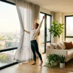 Ângulo aberto de um apartamento moderno, amplo e ensolarado. Uma mulher descalça, vestindo suéter off-white e calça legging preta, está posicionada no centro de uma imensa parede de vidro com janelas que vão do chão ao teto. Ela afasta uma cortina de linho fina e clara com uma das mãos enquanto estica o outro armo para cima, apreciando a luz da manhã e a vista panorâmica da cidade. A sala de estar, integrada e com piso de madeira clara, é decorada com um sofá bege repleto de almofadas, um tapete de fibra natural, uma mesa de centro e diversos vasos com plantas exuberantes, incluindo uma grande figueira-lira.