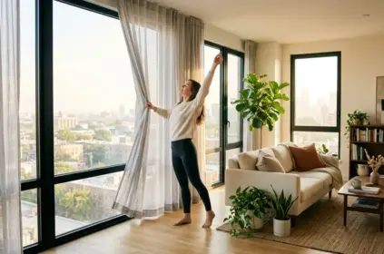 Ângulo aberto de um apartamento moderno, amplo e ensolarado. Uma mulher descalça, vestindo suéter off-white e calça legging preta, está posicionada no centro de uma imensa parede de vidro com janelas que vão do chão ao teto. Ela afasta uma cortina de linho fina e clara com uma das mãos enquanto estica o outro armo para cima, apreciando a luz da manhã e a vista panorâmica da cidade. A sala de estar, integrada e com piso de madeira clara, é decorada com um sofá bege repleto de almofadas, um tapete de fibra natural, uma mesa de centro e diversos vasos com plantas exuberantes, incluindo uma grande figueira-lira.
