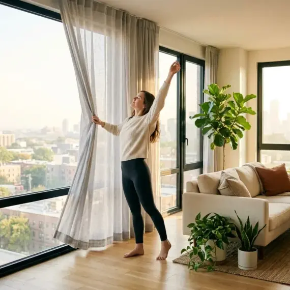 Ângulo aberto de um apartamento moderno, amplo e ensolarado. Uma mulher descalça, vestindo suéter off-white e calça legging preta, está posicionada no centro de uma imensa parede de vidro com janelas que vão do chão ao teto. Ela afasta uma cortina de linho fina e clara com uma das mãos enquanto estica o outro armo para cima, apreciando a luz da manhã e a vista panorâmica da cidade. A sala de estar, integrada e com piso de madeira clara, é decorada com um sofá bege repleto de almofadas, um tapete de fibra natural, uma mesa de centro e diversos vasos com plantas exuberantes, incluindo uma grande figueira-lira.