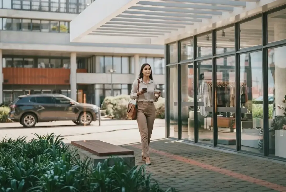 Uma jovem profissional de pele clara e longos cabelos escuros caminha elegantemente pelo calçadão de um moderno centro empresarial. Ela veste uma camisa social bege-clara, calça de alfaiataria marrom-clara de cintura alta e sapatos de salto, carregando uma bolsa de couro tiracolo. Em uma das mãos ela segura um smartphone e, na outra, um copo de café para viagem. À direita, destaca-se a vitrine de vidro reflexivo de um edifício comercial e, ao fundo, um carro SUV cinza está estacionado em um pátio limpo e ensolarado. (pelotas para jovens profissionais)