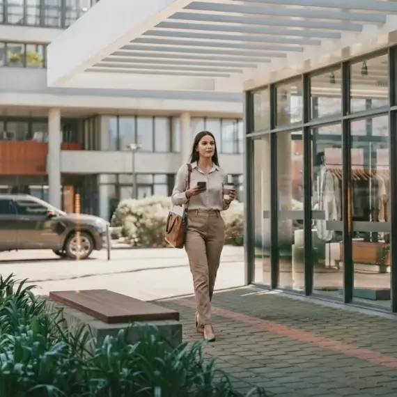 Uma jovem profissional de pele clara e longos cabelos escuros caminha elegantemente pelo calçadão de um moderno centro empresarial. Ela veste uma camisa social bege-clara, calça de alfaiataria marrom-clara de cintura alta e sapatos de salto, carregando uma bolsa de couro tiracolo. Em uma das mãos ela segura um smartphone e, na outra, um copo de café para viagem. À direita, destaca-se a vitrine de vidro reflexivo de um edifício comercial e, ao fundo, um carro SUV cinza está estacionado em um pátio limpo e ensolarado. (pelotas para jovens profissionais)