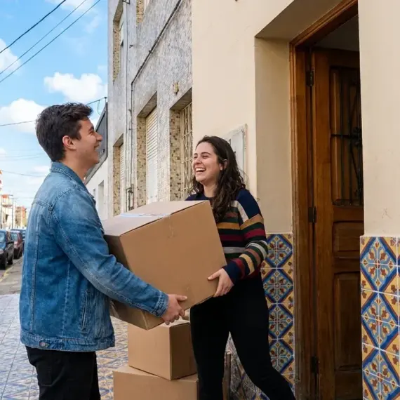Um jovem de jaqueta jeans e uma jovem de suéter listrado carregam juntos uma grande caixa de papelão na calçada, logo em frente à entrada de um prédio residencial. Ambos estão rindo e se olhando com cumplicidade. A fachada inferior do edifício é decorada com azulejos antigos em tons de azul, laranja e amarelo. No chão, há mais caixas de papelão empilhadas perto da porta de madeira. Ao fundo, vê-se uma rua residencial com carros estacionados sob um céu azul claro. (aluguel para estudantes pelotas)